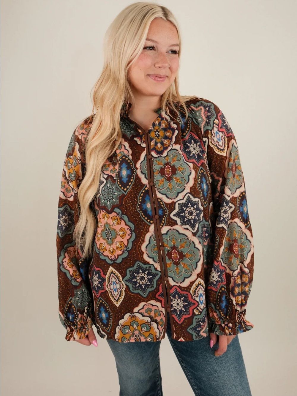 Umgee Western Brown Multi Medallion Mandala Print Button-Front Top Small Cowgirl